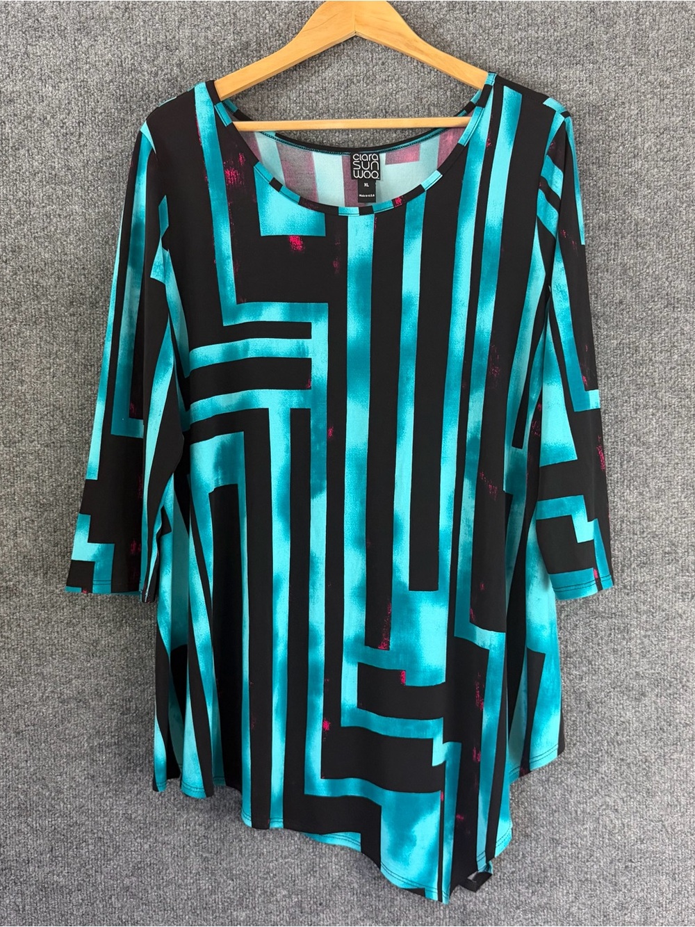 Clara Sun Woo Womens Artsy 3/4 Sleeve Tunic Top Size XL Teal Pink Asymmetrical